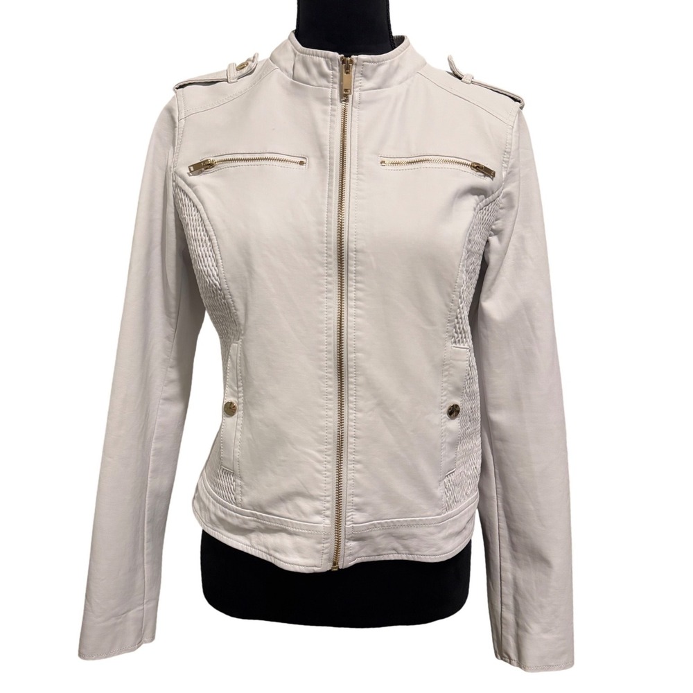 Guess Moto Jacket Women Medium White Faux Leather Smocked Gold Zip Y2K
